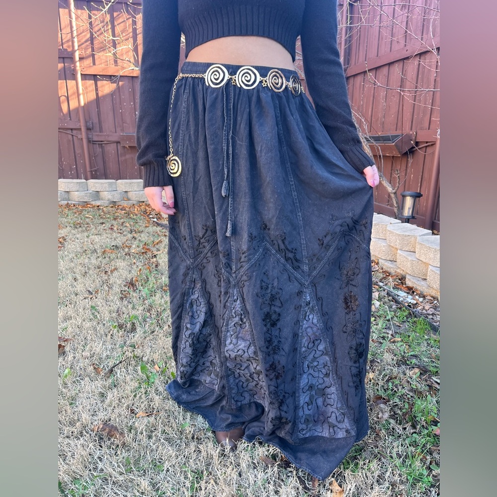 Chic Whimsy Goth Ash Black Embroidered Maxi Skirt - Picture 7 of 14